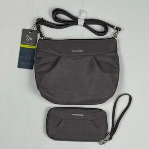 TRAVELON Anti-Theft Cross Body Bag Purse RFID Pewter Gray 43190 w/ Wristlet 2PCS
